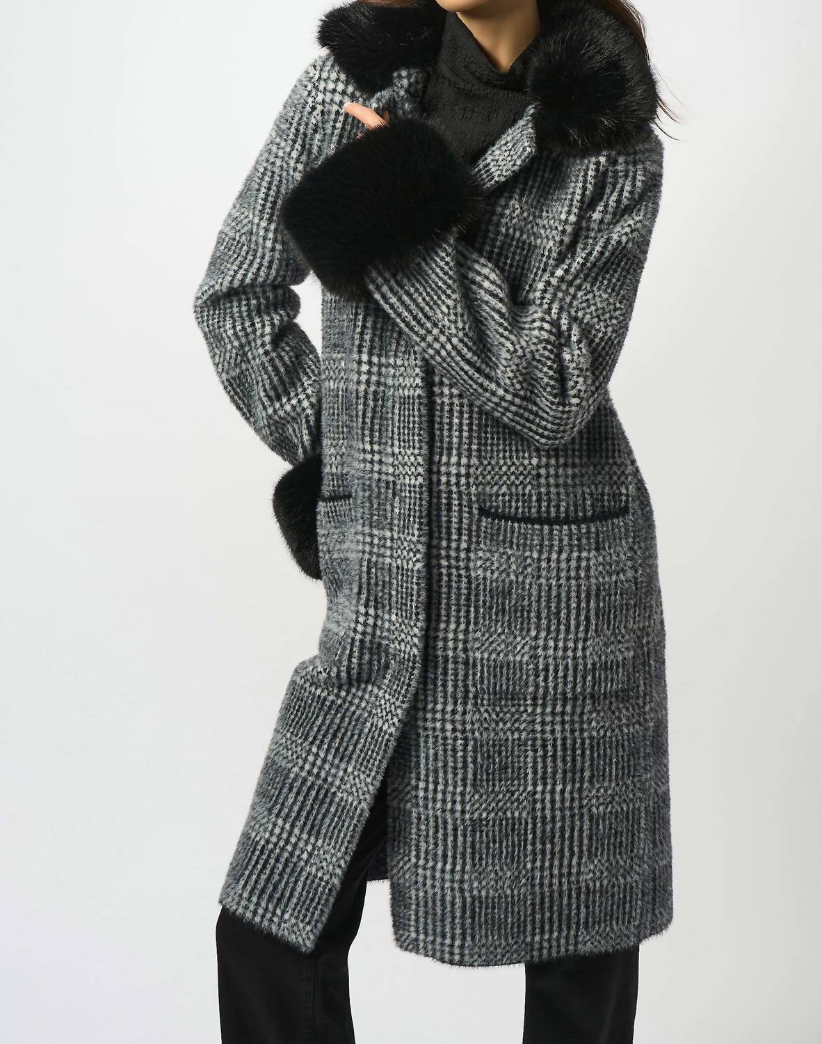 Joseph Ribkoff - Feather Yarn Plaid Jacquard Coat With Faux Fur Trim