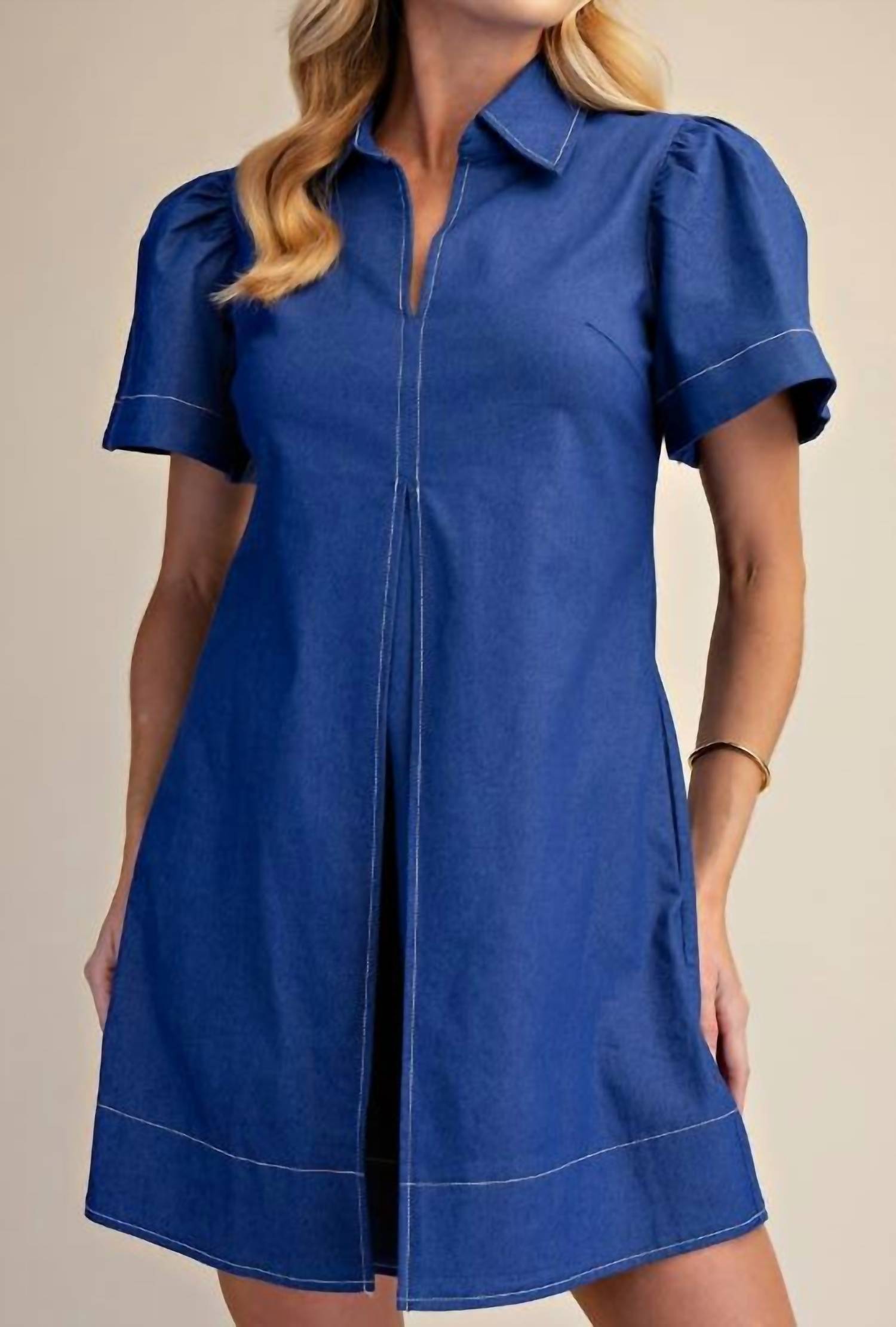 Glam - Collar V-neck Pleated Mini Dress