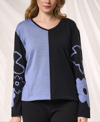 Angel Apparel Color Block And Floral Knit Top in black denim - women's sweater