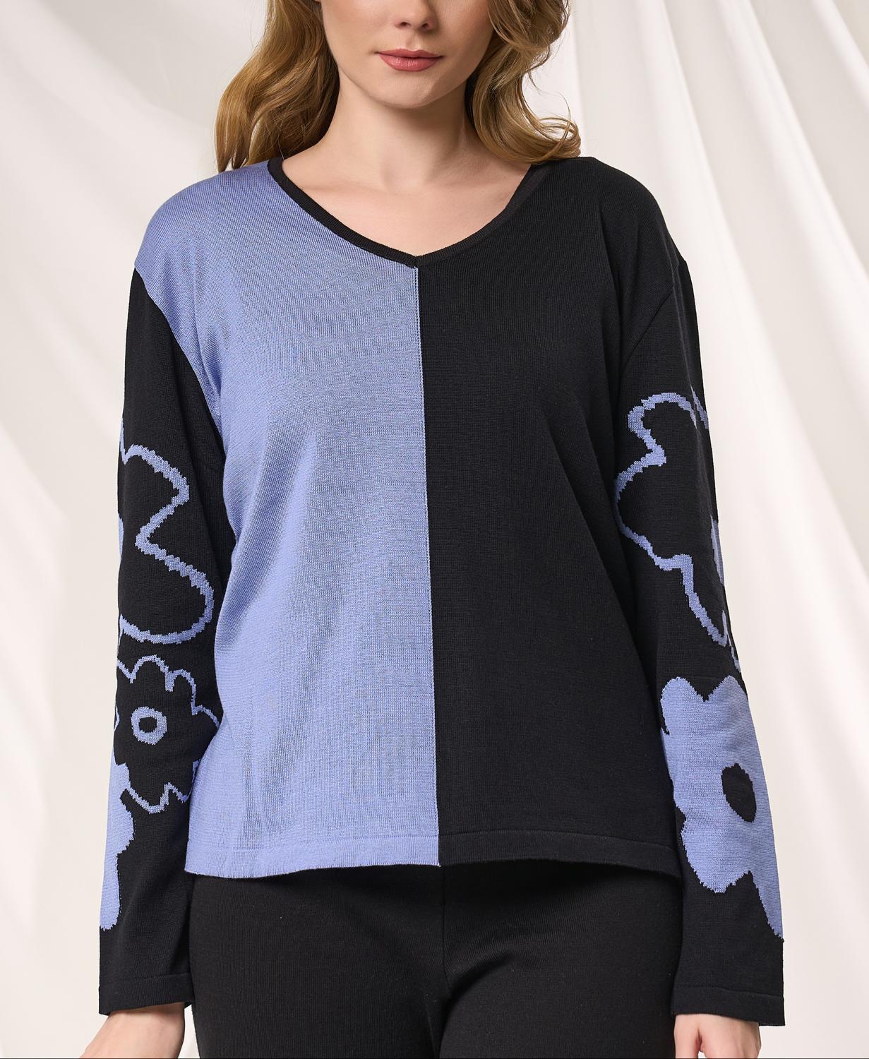 Angel Apparel Color Block And Floral Knit Top in black denim - women's sweater