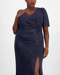 Alex Evenings Metallic-knit Surplice-neck Gown in navy - women's dress - detail view