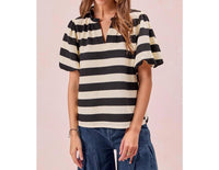 Bibi - Stripe Balloon Sleeve Ruffled V-neck Top