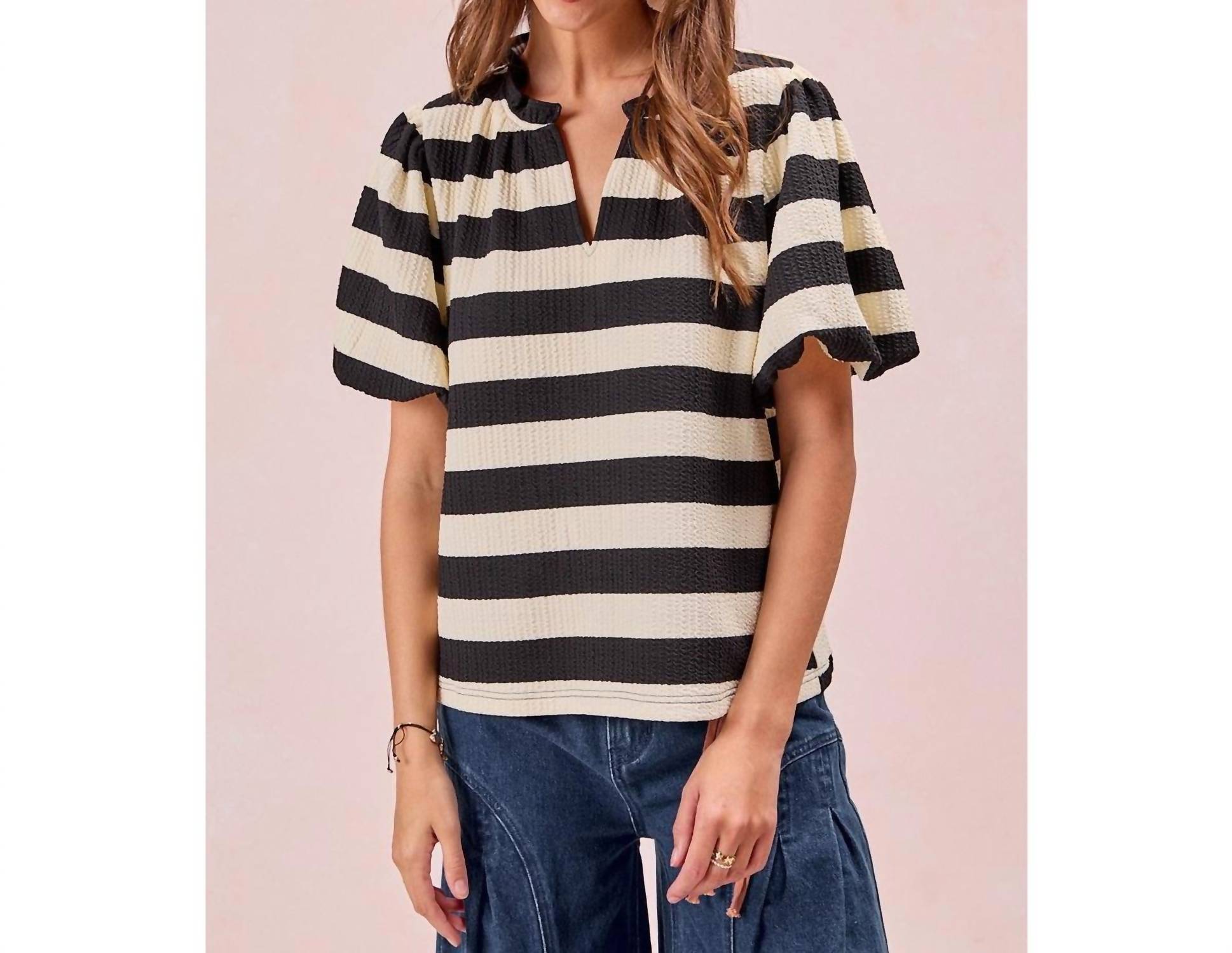 Bibi - Stripe Balloon Sleeve Ruffled V-neck Top