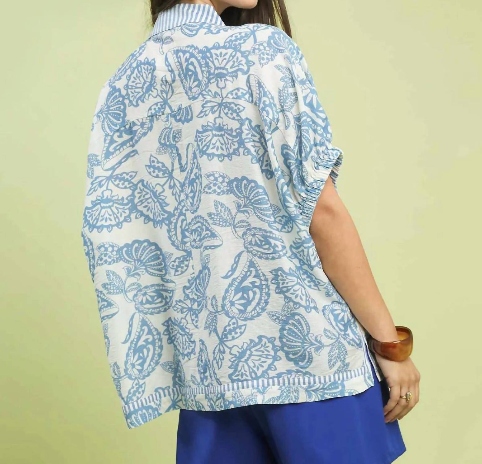 Umgee - Botanical Print Mixed Trim Tunic Top