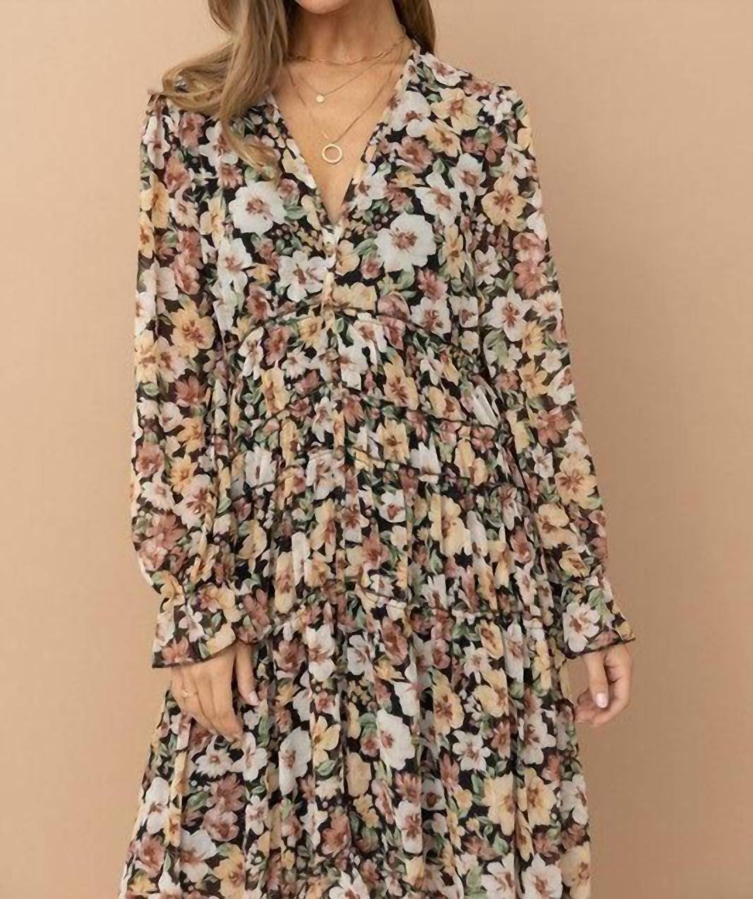 Blue B Floral Print Chiffon Tiered Maxi Dress in black floral - women's dress - view 6