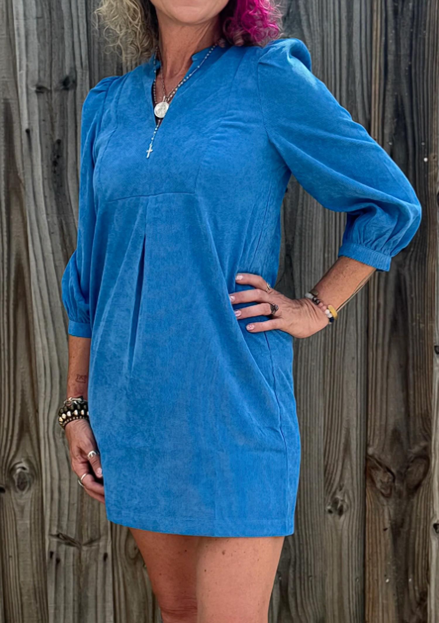 Joy Joy Corduroy Front Yoke Dress in blue - women's dress