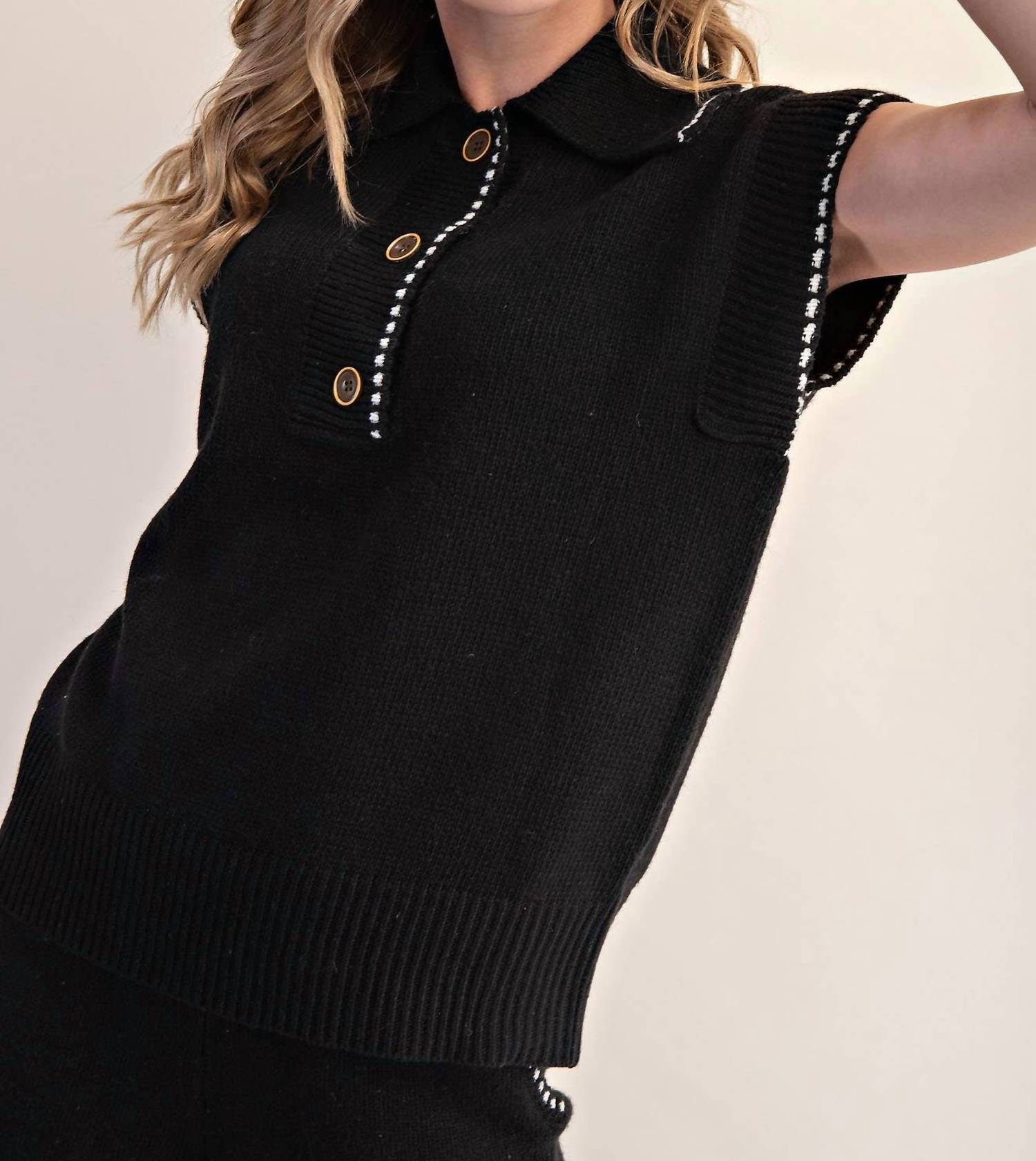 Glam - Polo Collar Knit Sleeveless Sweater Top Camille