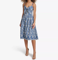 kensie Embroidered Denim Knot-front Midi Dress in blue - women's dress - detail view