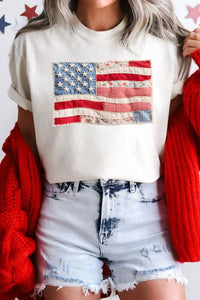 Shewin - American Flag Patchwork Casual Tee
