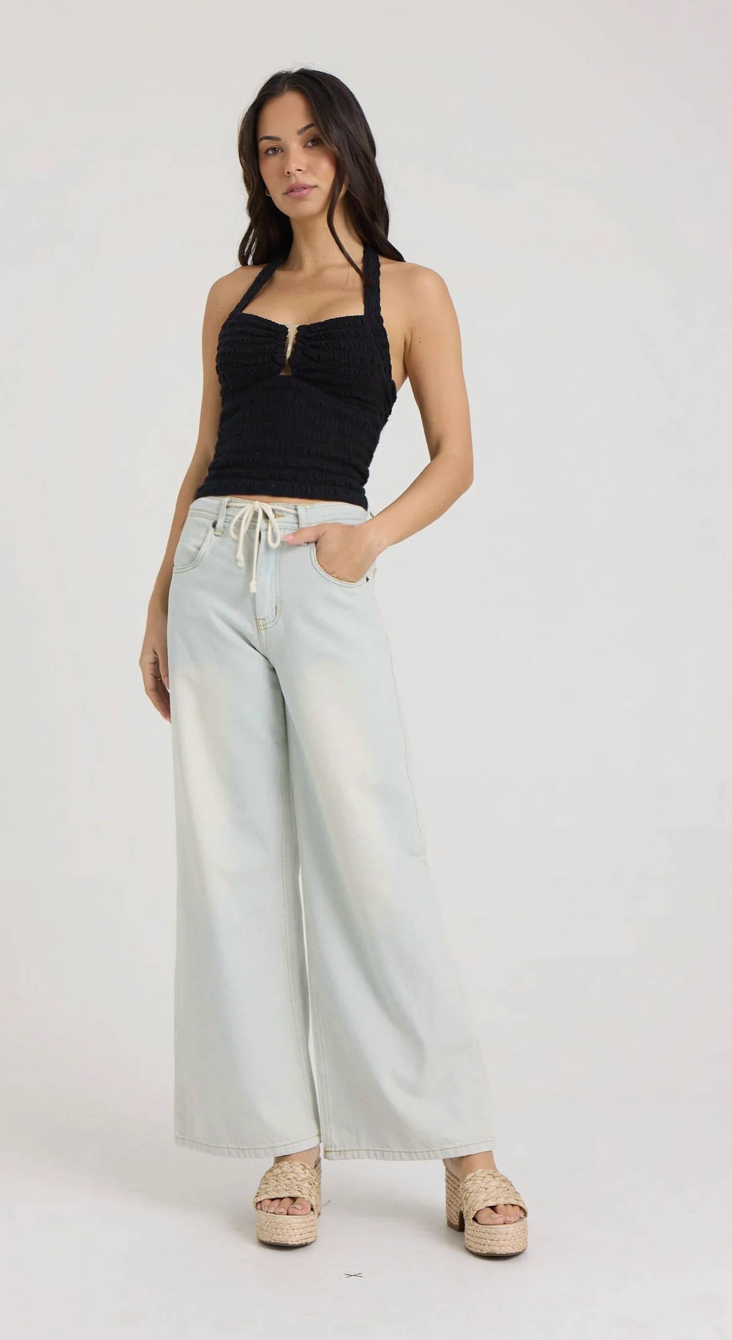 Vintage Havana - Smocked Linen Halter Crop Top