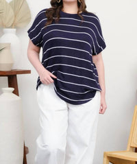 Perch by Blu Pepper Stripe Round Neck Short Cuff Sleeve Knit Top - Plus in navy - women's t-shirt