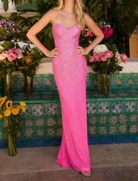 Ava Presley Strapless Long Gown In Slinky Jersey Fabric And Beading in slinky jersey fabric and beading in pink - women's dress