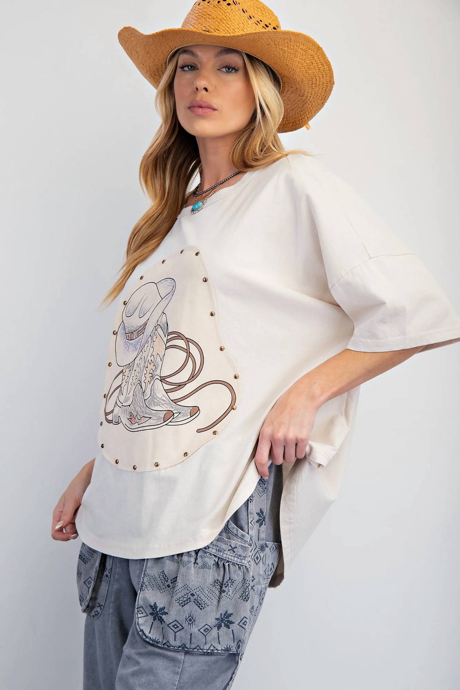 Easel - Western Graphic Mineral Washed Knit Top