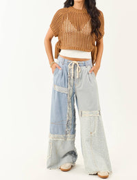 Pol - Patchwork Raw Edge Lace Accent Wide Leg Pants