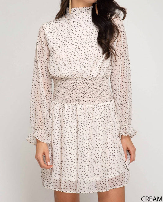 Smocked Mock Neck Polka Dot Dress