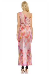 BADGLEY MISCHKA Debbie Printed One-shoulder Gown in multi - women's dress - detail view