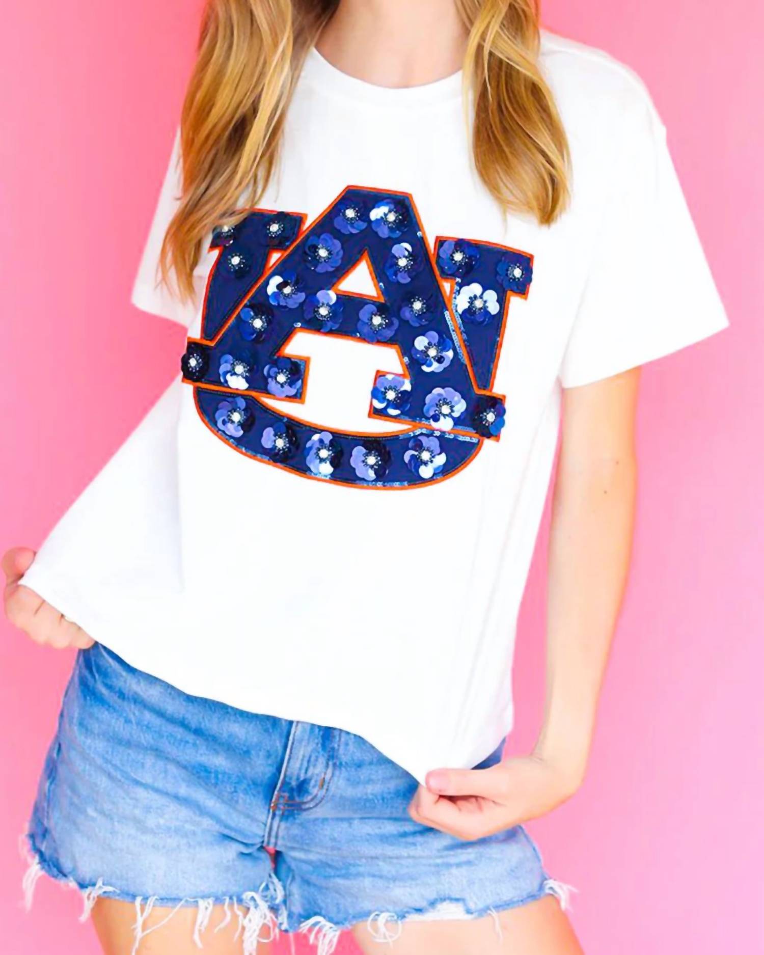 Queen Of Sparkles - Licensed Auburn Mascot Sequin Flower Tee