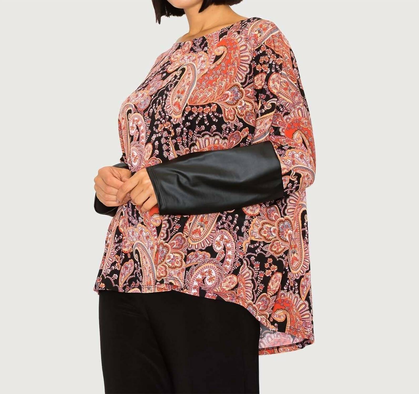 Last Tango - Paisley Dolman Leather Sleeve Top With Back Zipper