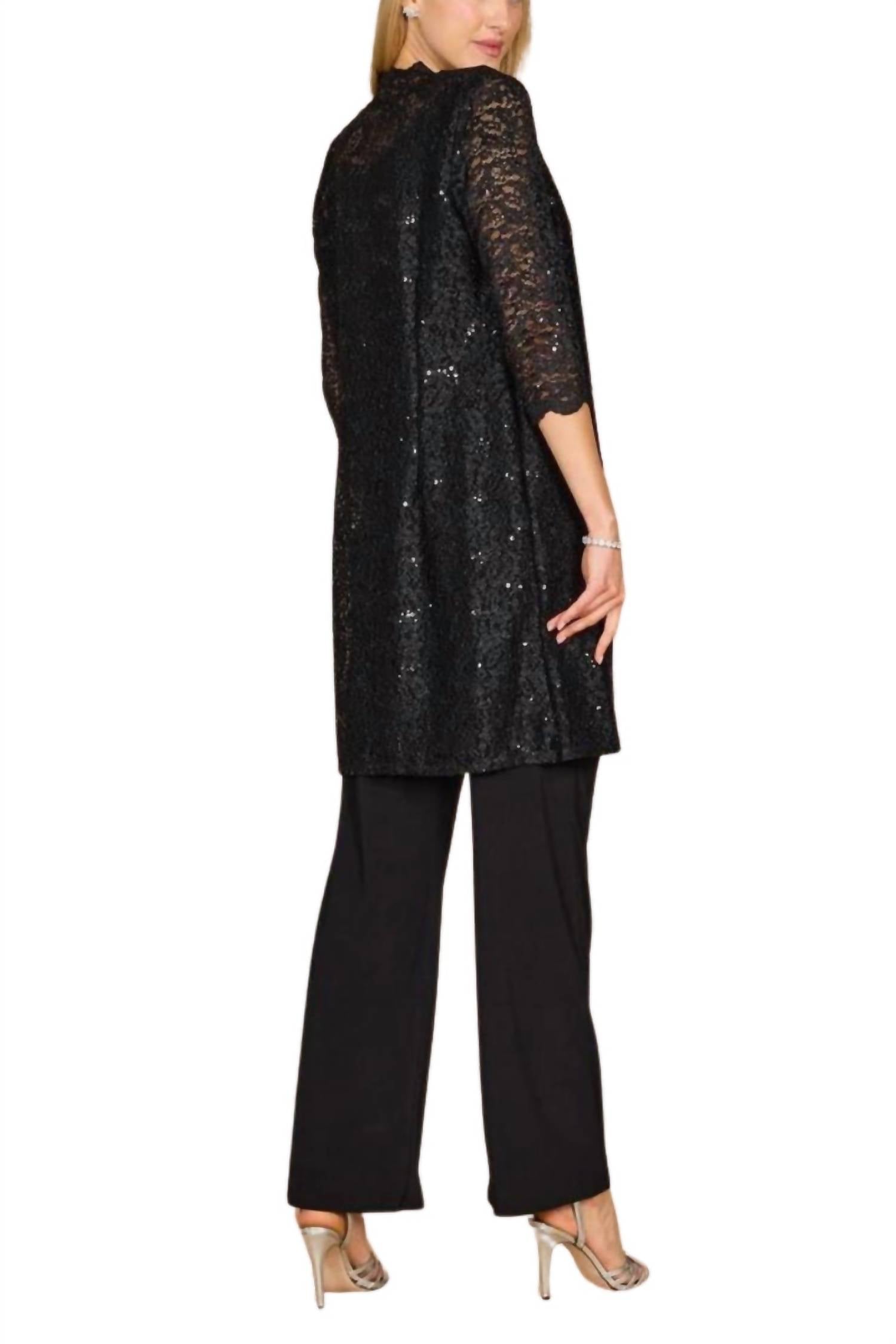 R&M Richards - Metallic Lace Tank Top And Pant Set With Sheer Lace Jacket