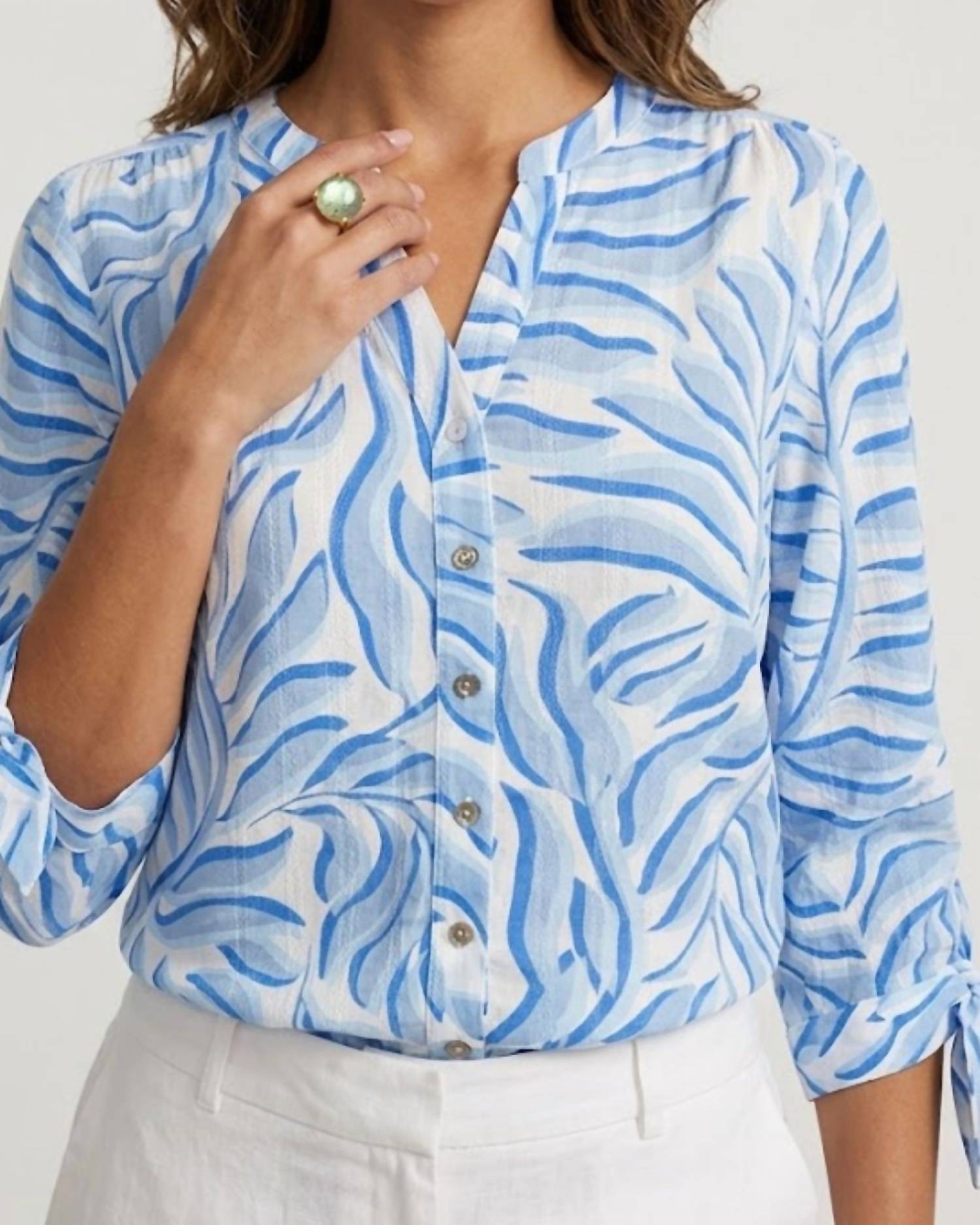TRU LUXE Ruched Button Up Top in blue - women's blouse