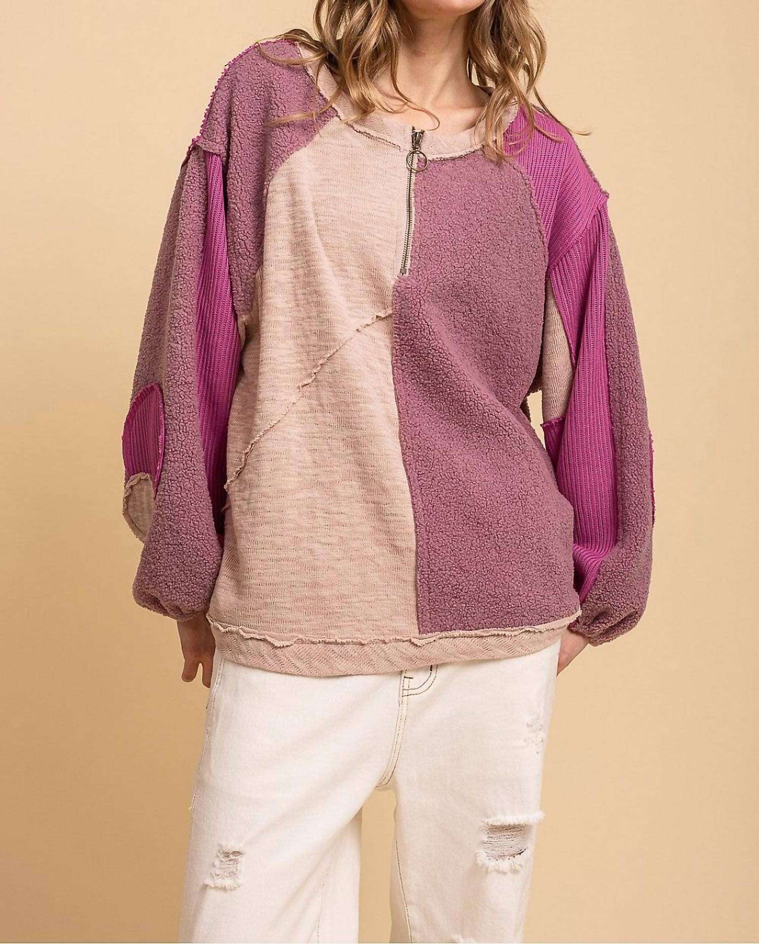 Blue Velvet Relaxed Fit Multi Media Fabric Mixed Knit Color Block Top in mulberry - women's sweater