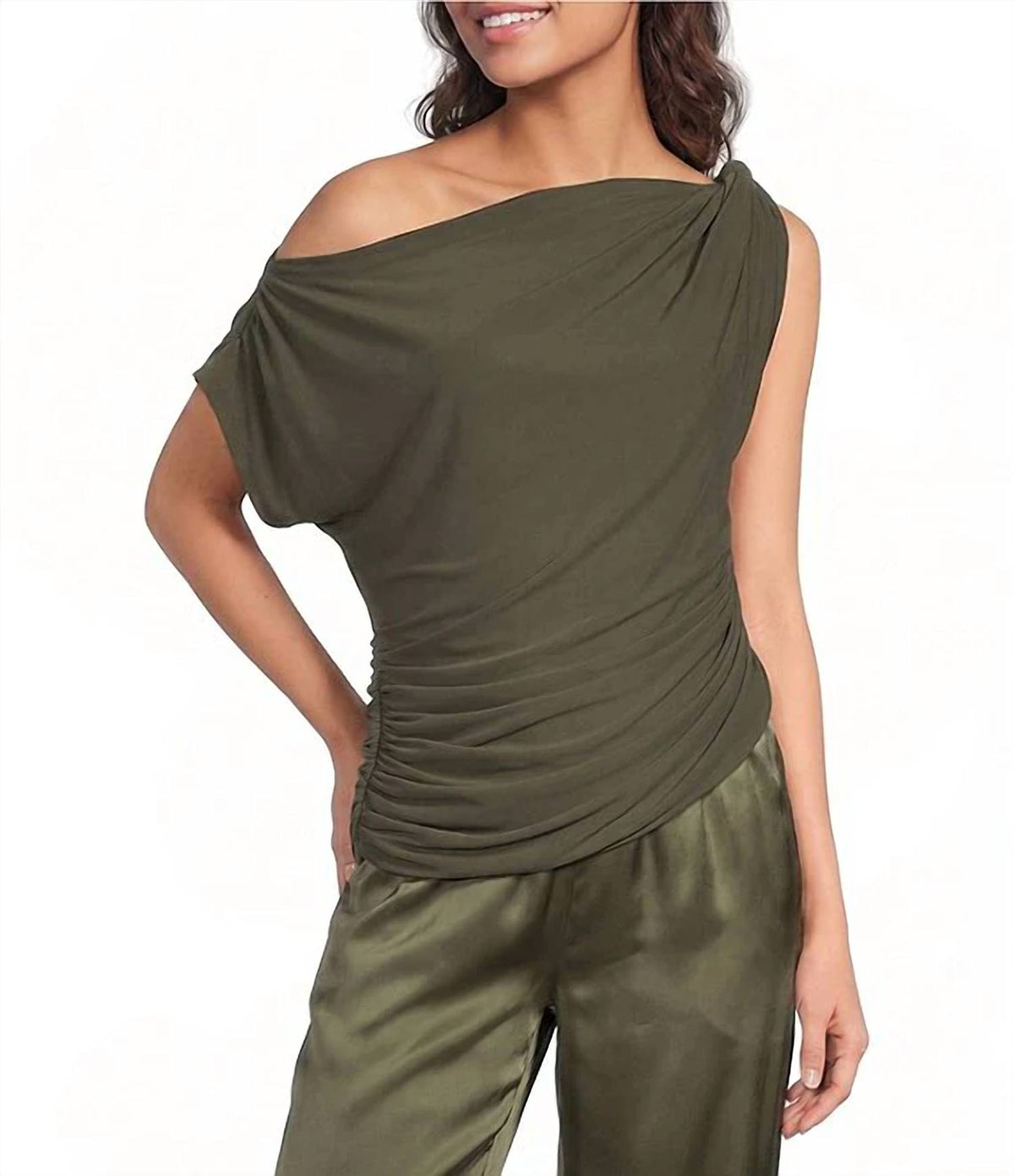 Lucy Paris - Benny Asymmetrical Draped Neck Mesh Top