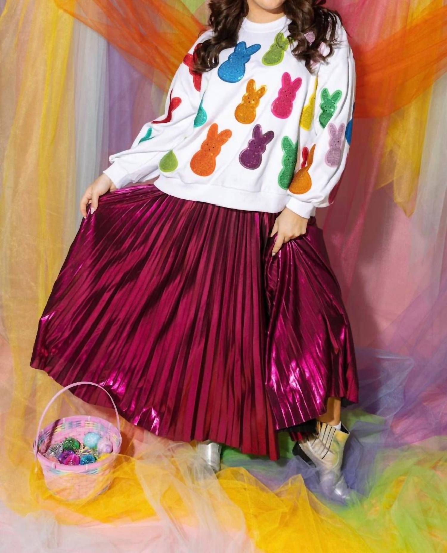 QUEEN OF SPARKLES Peeps Rhinestone Sweatshirt in white multi - women's top - alternate view