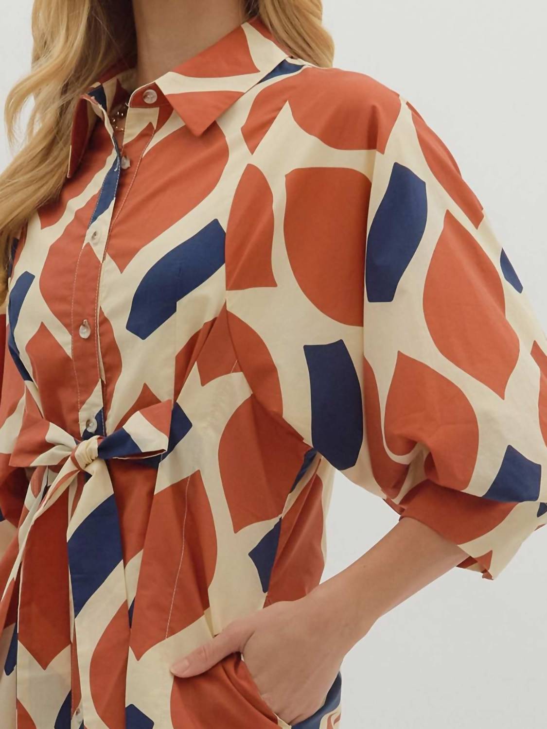 Entro - Women's Abstract Print Self Tie Shirt Dress