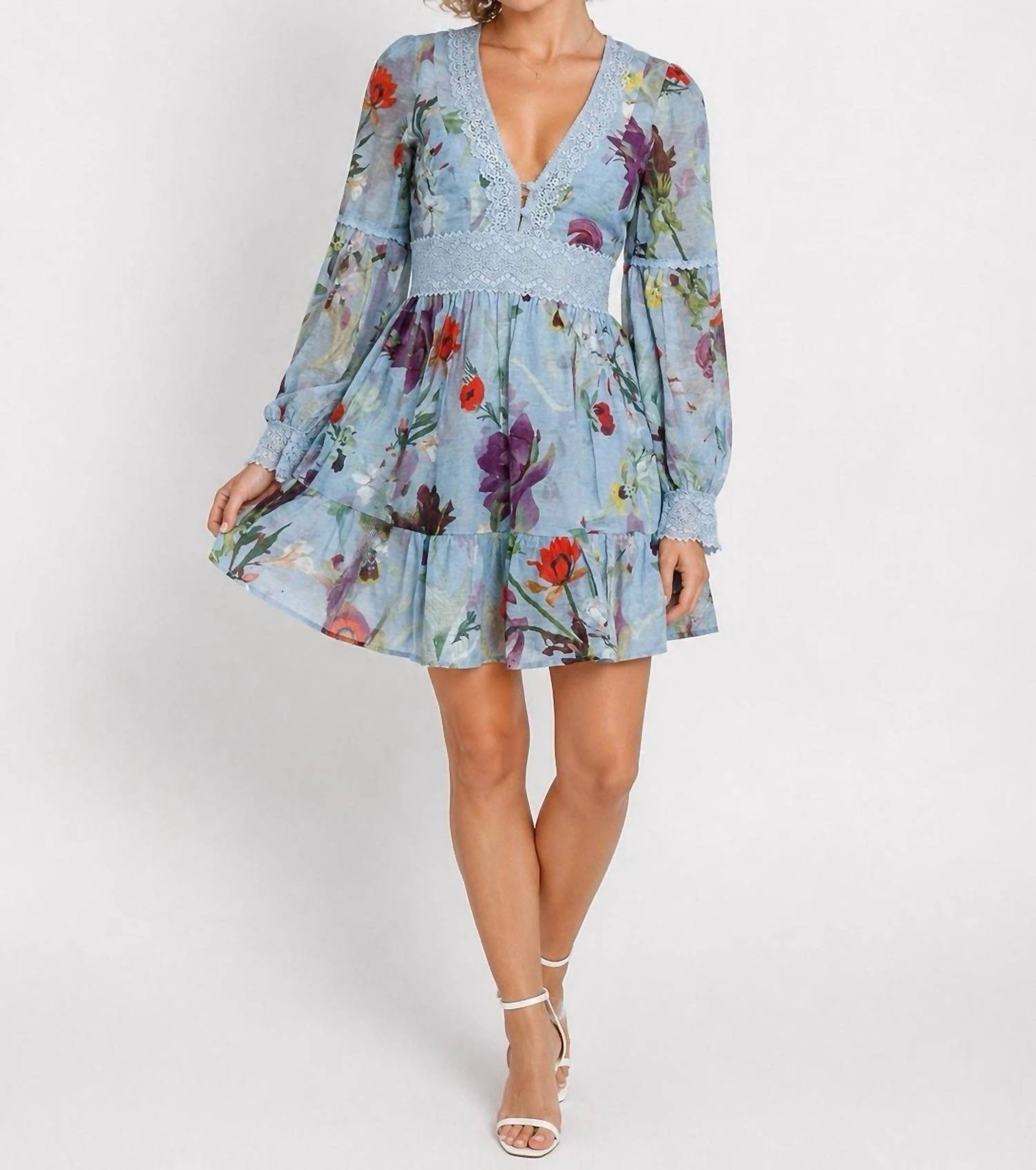 Patbo - Lily Flower Long Sleeve Plunge Mini Dress
