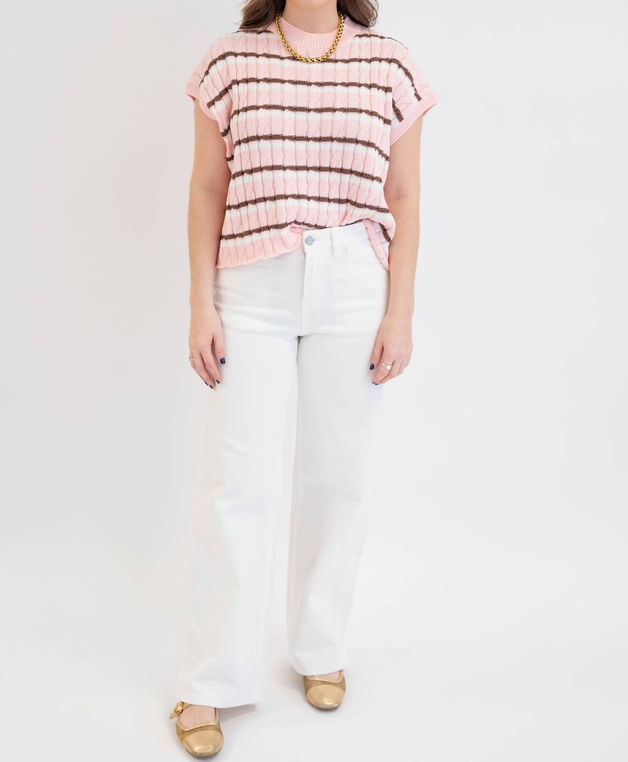 OLIVACEOUS Laci Striped Sleeveless Sweater in blush brown - women's cardigan - alternate view