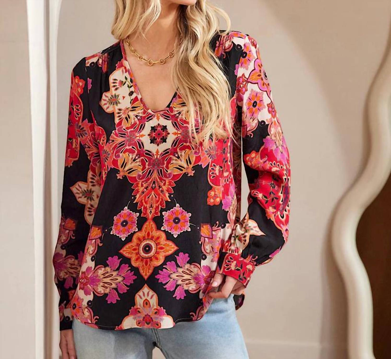 Karen Kane - Lavinia Long Sleeve Shirred Blouse