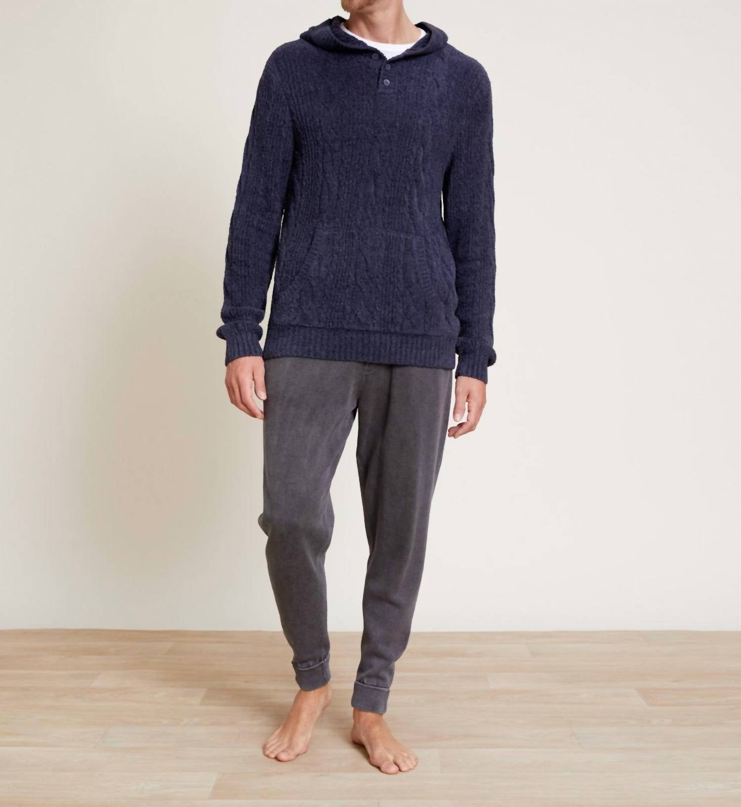 BAREFOOT DREAMS COZYCHIC LITE CABLE HOODED HENLEY HOODIE in indigo - men's shirt