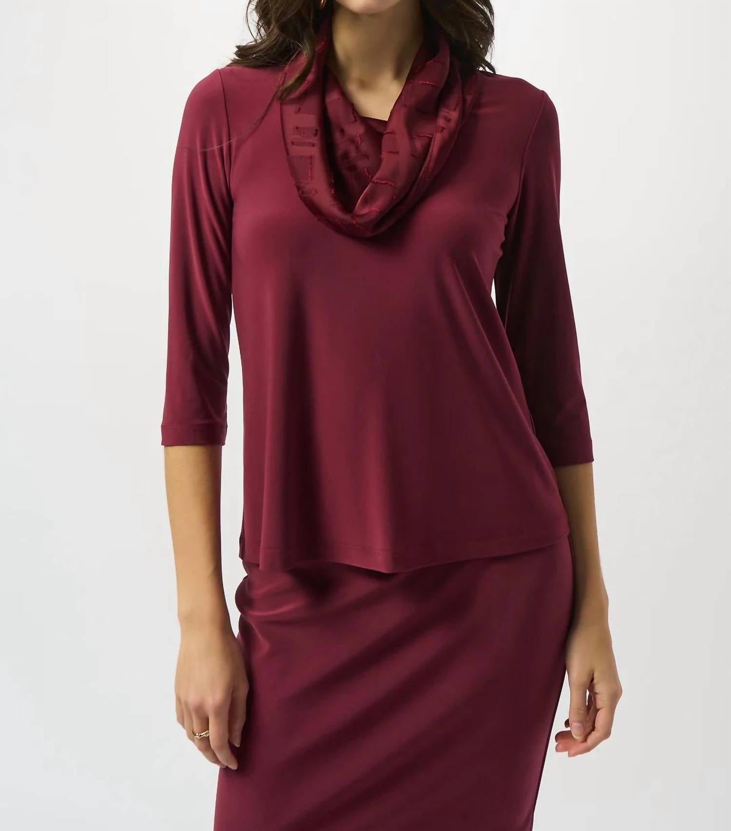 Joseph Ribkoff Cowl Neck 3/4 Sleeve Fitted Top in merlot - women's long sleeve top
