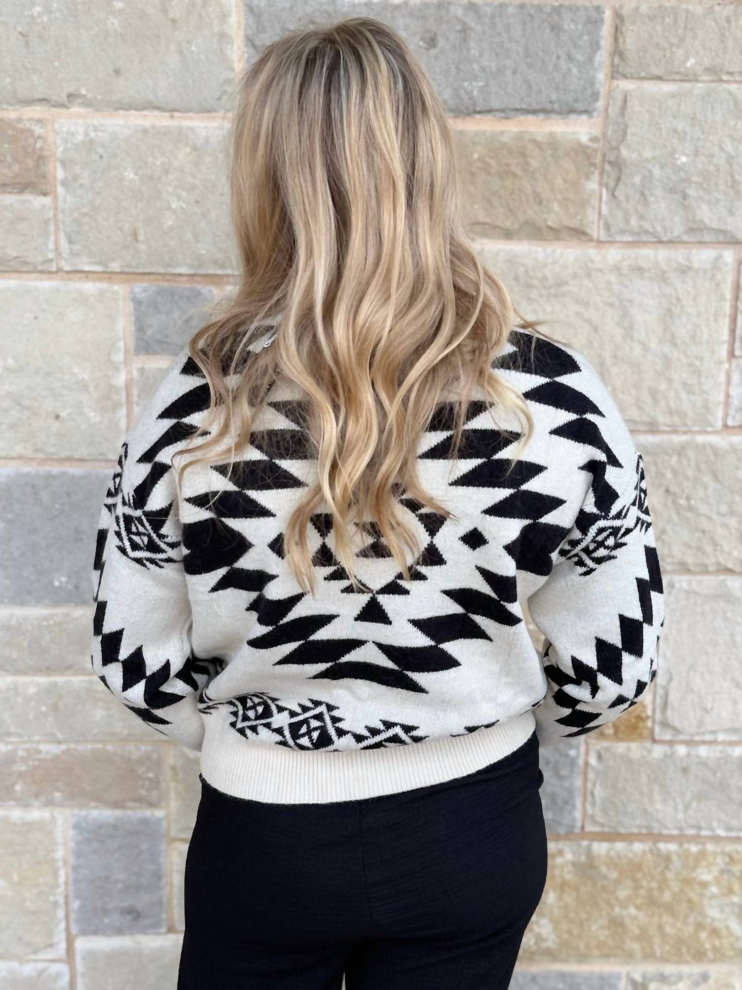 Lucky & Blessed Aztec Knitted Long Sleeve Sweater in black ivory - women's sweater - alternate view