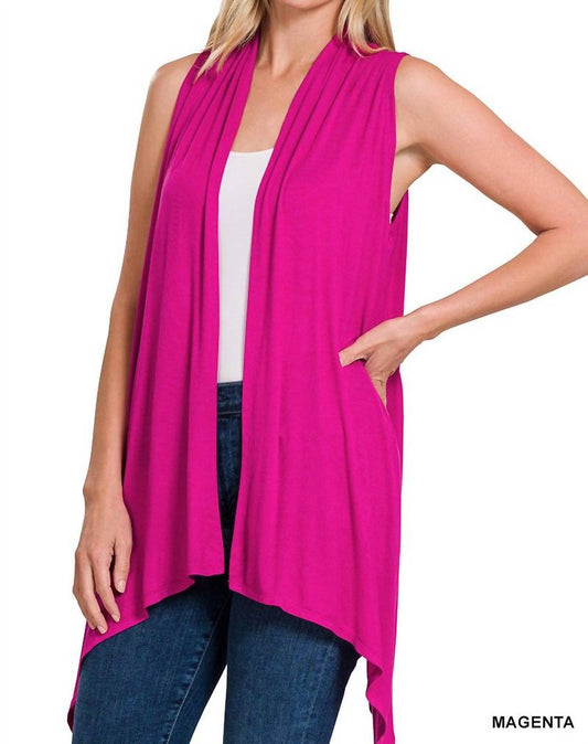 Zenana - Women's Sleeveless Draped Open Front Cardigan
