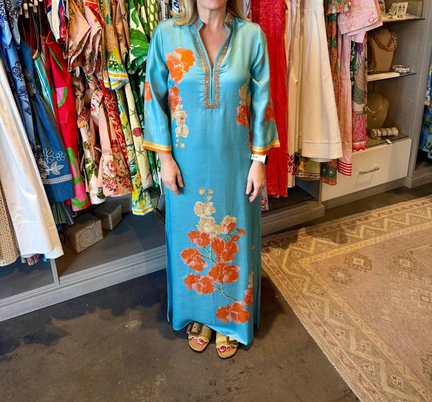 bella tu Elise Quarter Sleeve Caftan Dress in orchid blue - women's dress