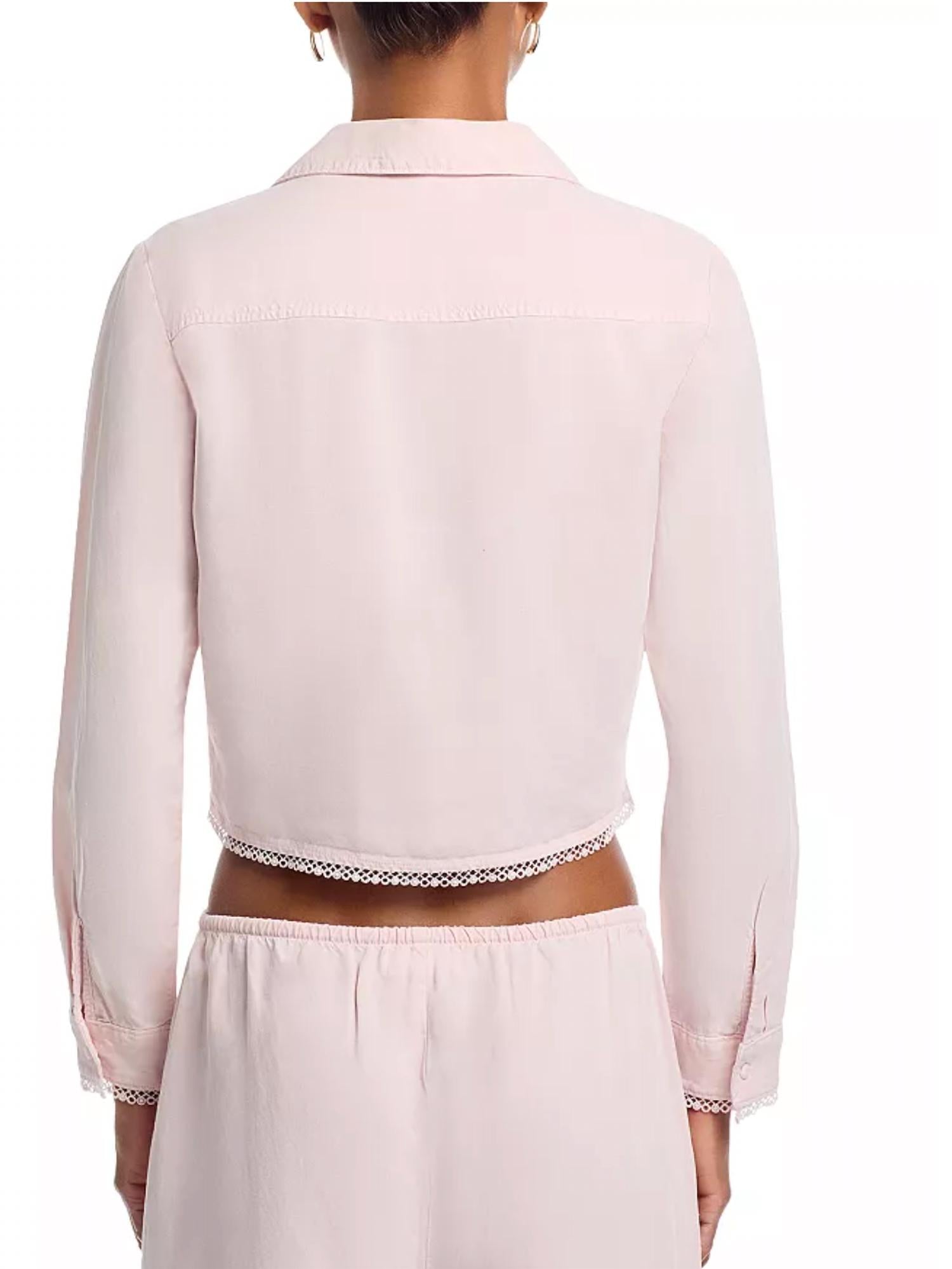 Bella Dahl Long Sleeve Cropped Shirt With Trim Top in ballet pink - women's long sleeve top - detail view