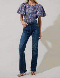 SUGARLIPS Princeton Floral Puff Sleeve Top in brown blue - women's blouse - view 4