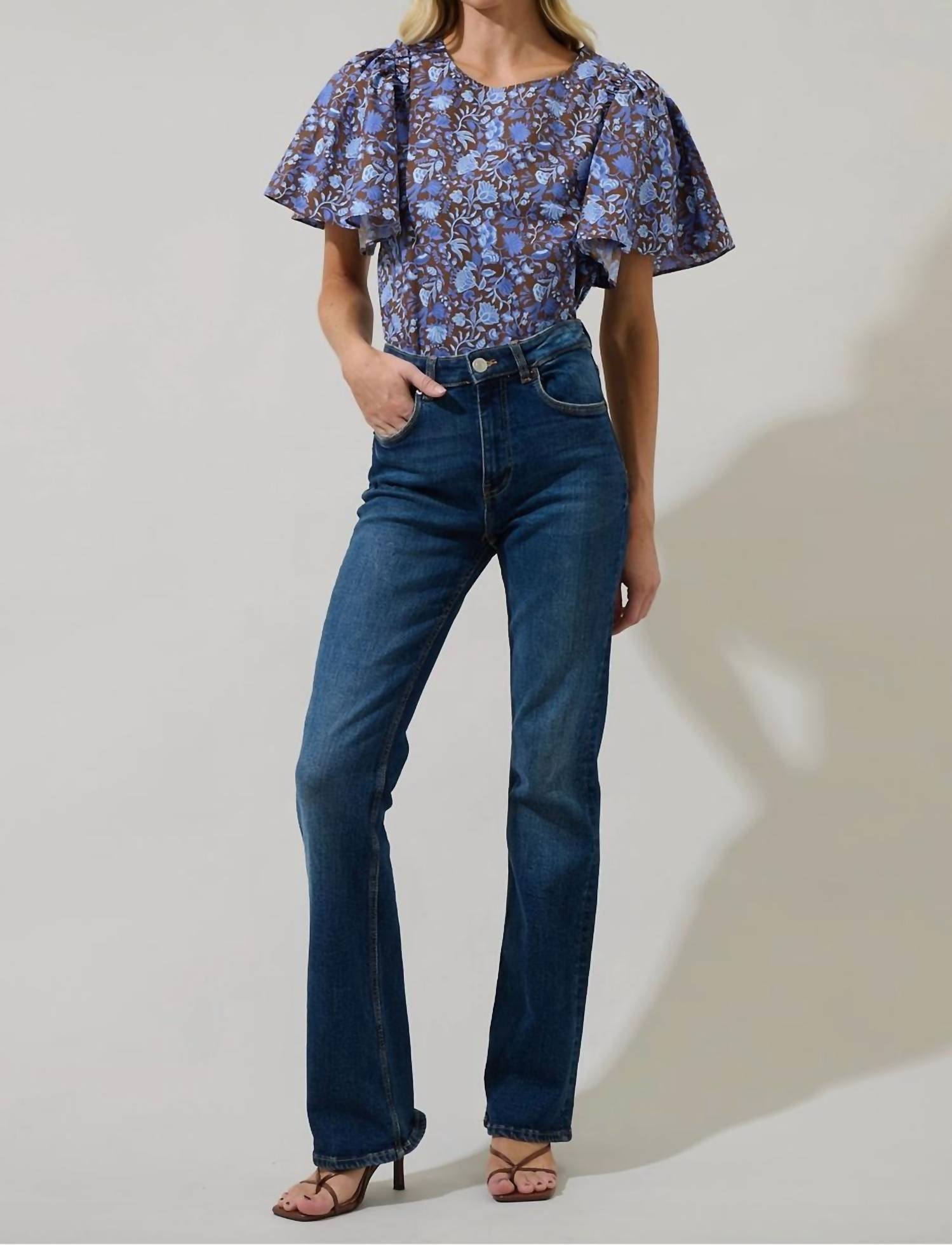 SUGARLIPS Princeton Floral Puff Sleeve Top in brown blue - women's blouse - view 4