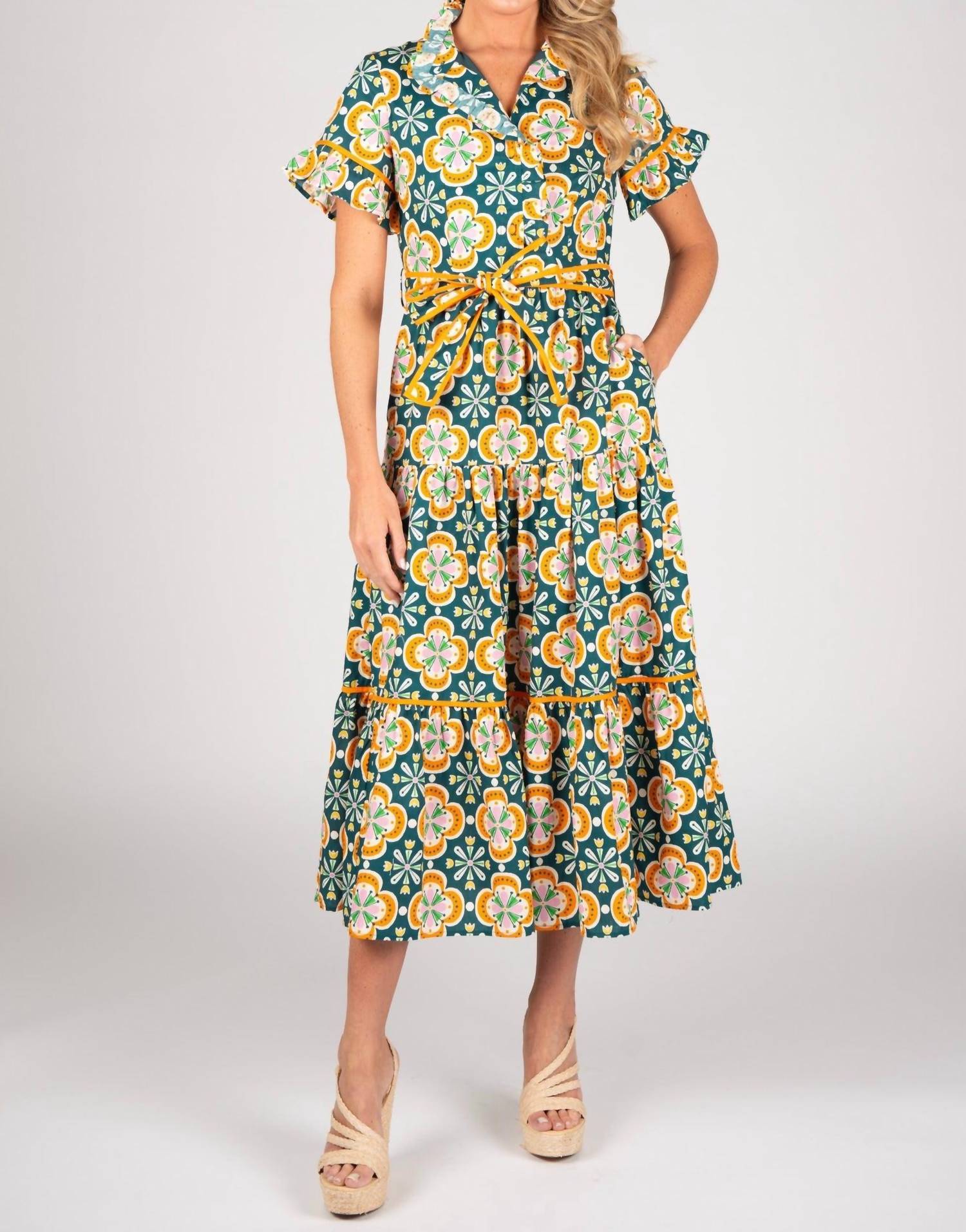 Sincerely Ours Lena Clementine Tile Maxi Dress in teal bright orange - women's dress