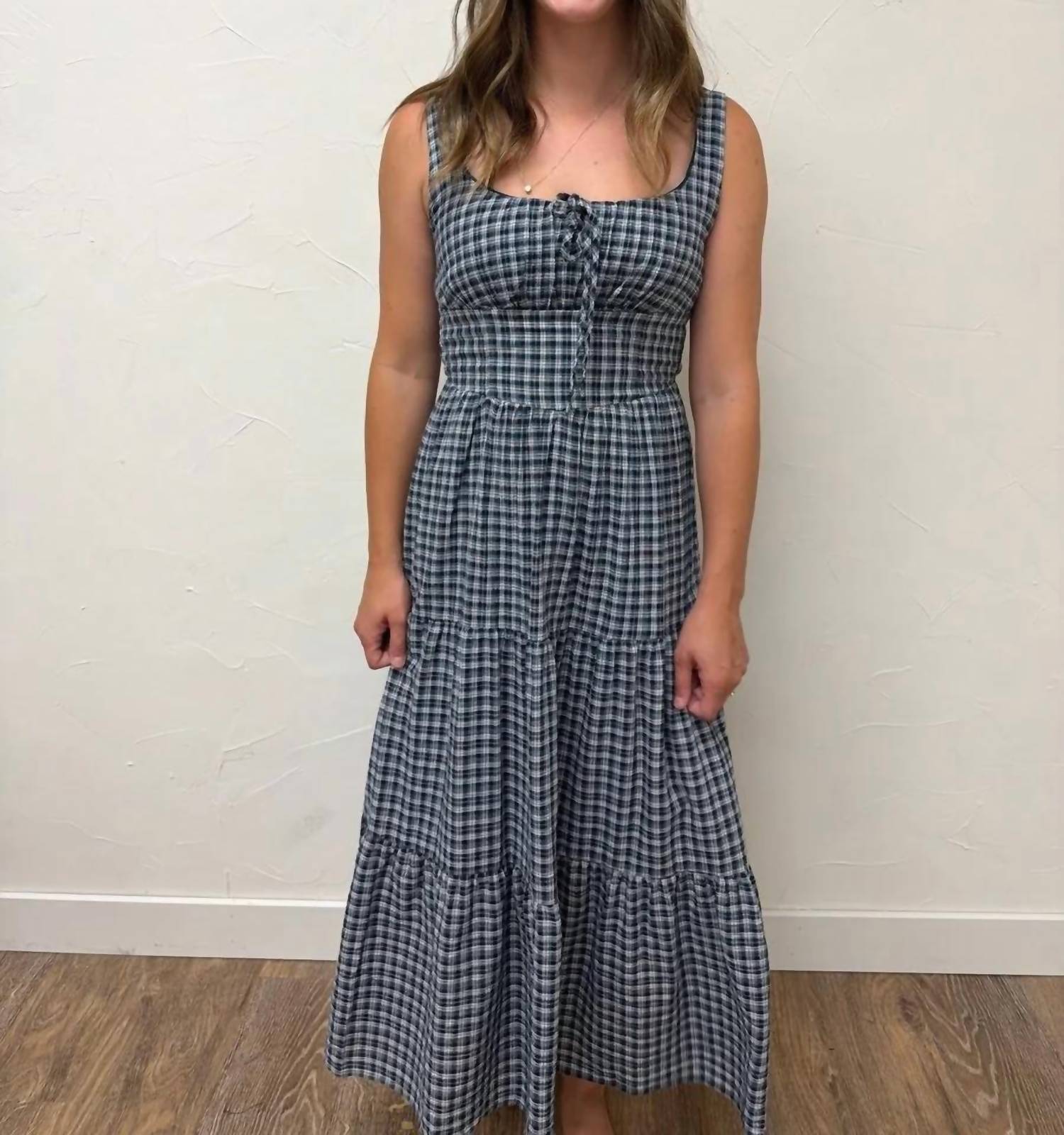 Blu Pepper - Plaid Front Tie Corset Detail Midi Dress