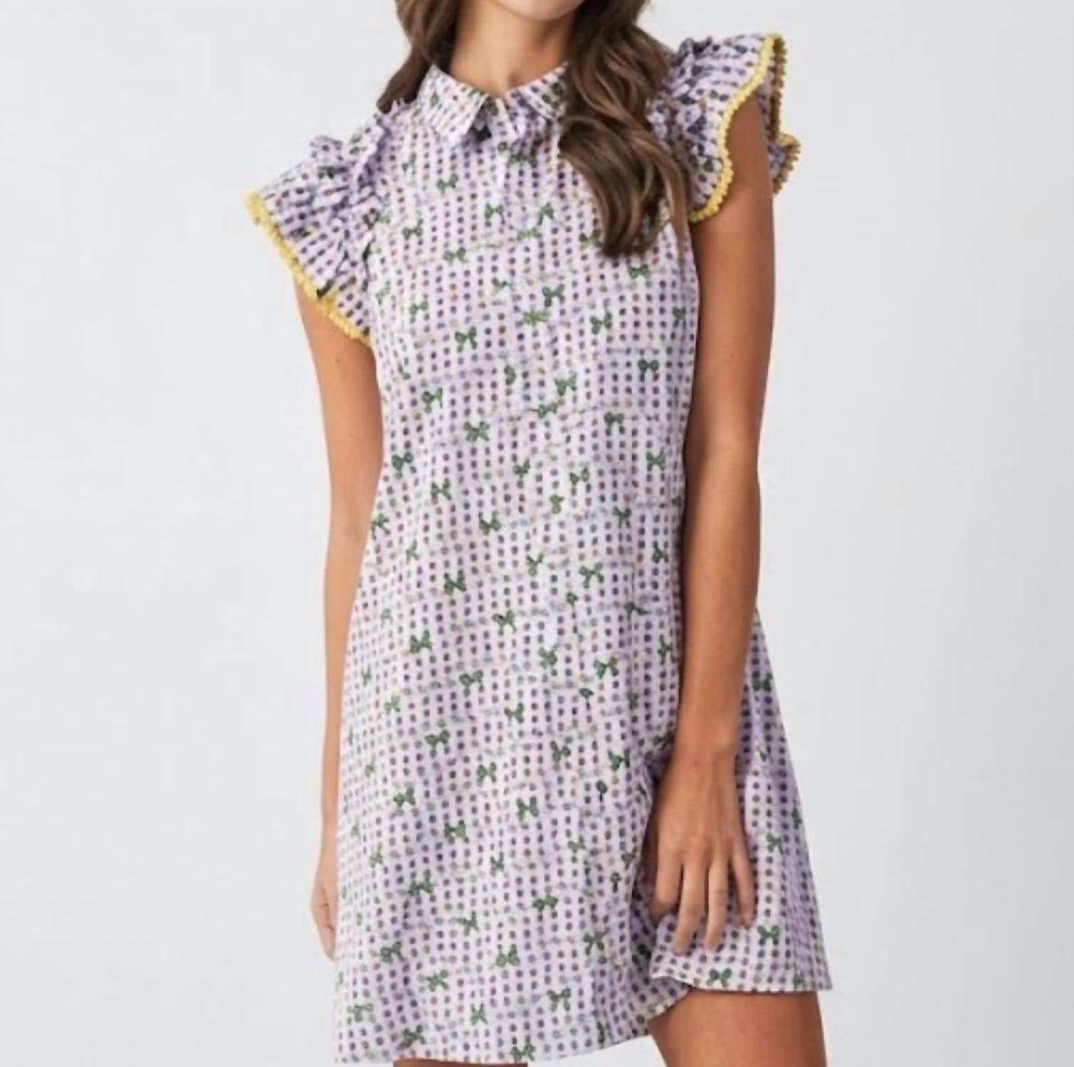 AnnieWear Mardi Gras Ruffle Sleeve Gingham Check Dress in purple - women's dress