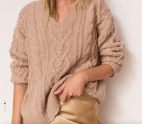 LoveShackFancy Croisette V-neck Pullover Sweater in camel - women's sweater - detail view