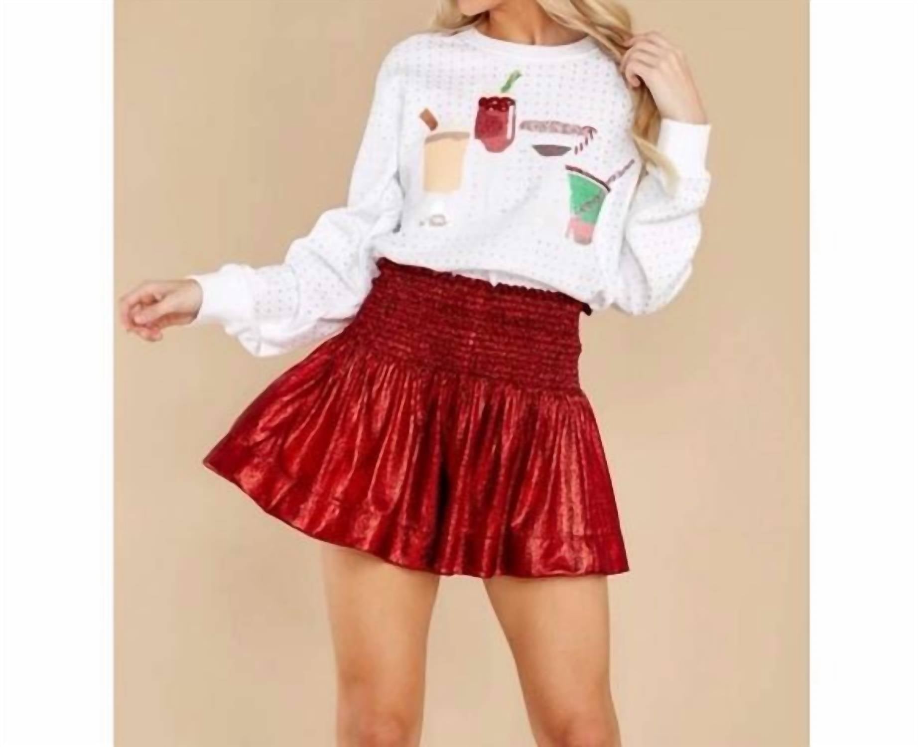 QUEEN OF SPARKLES Wavy Smocked Shorts in metallic red - women's shorts