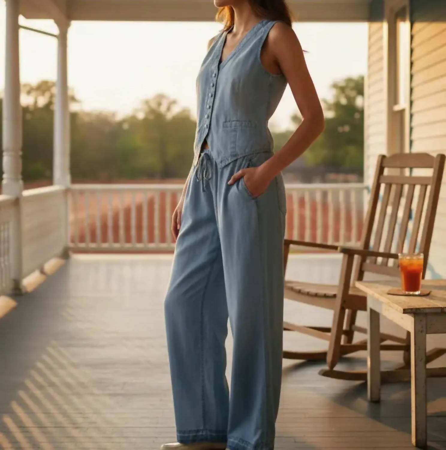 ELAN Button Up Vest in chambray - women's jacket - alternate view
