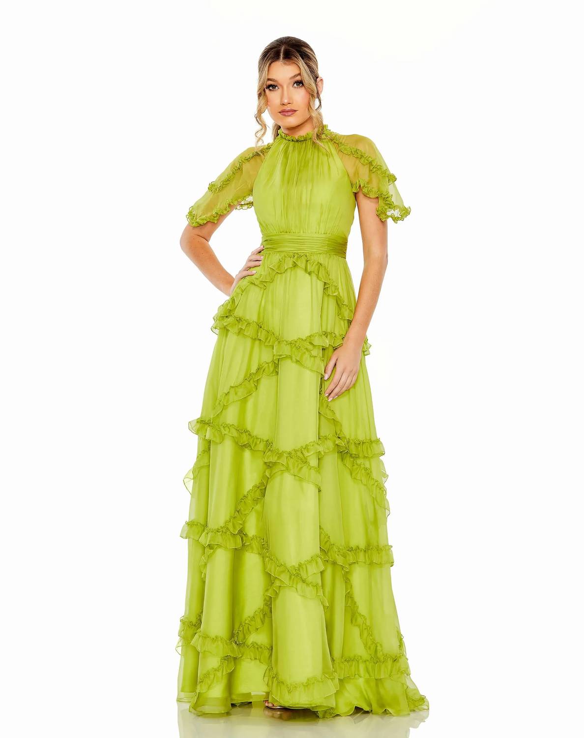 Mac Duggal - Chiffon Cascading Ruffle Flutter Sleeve Gown