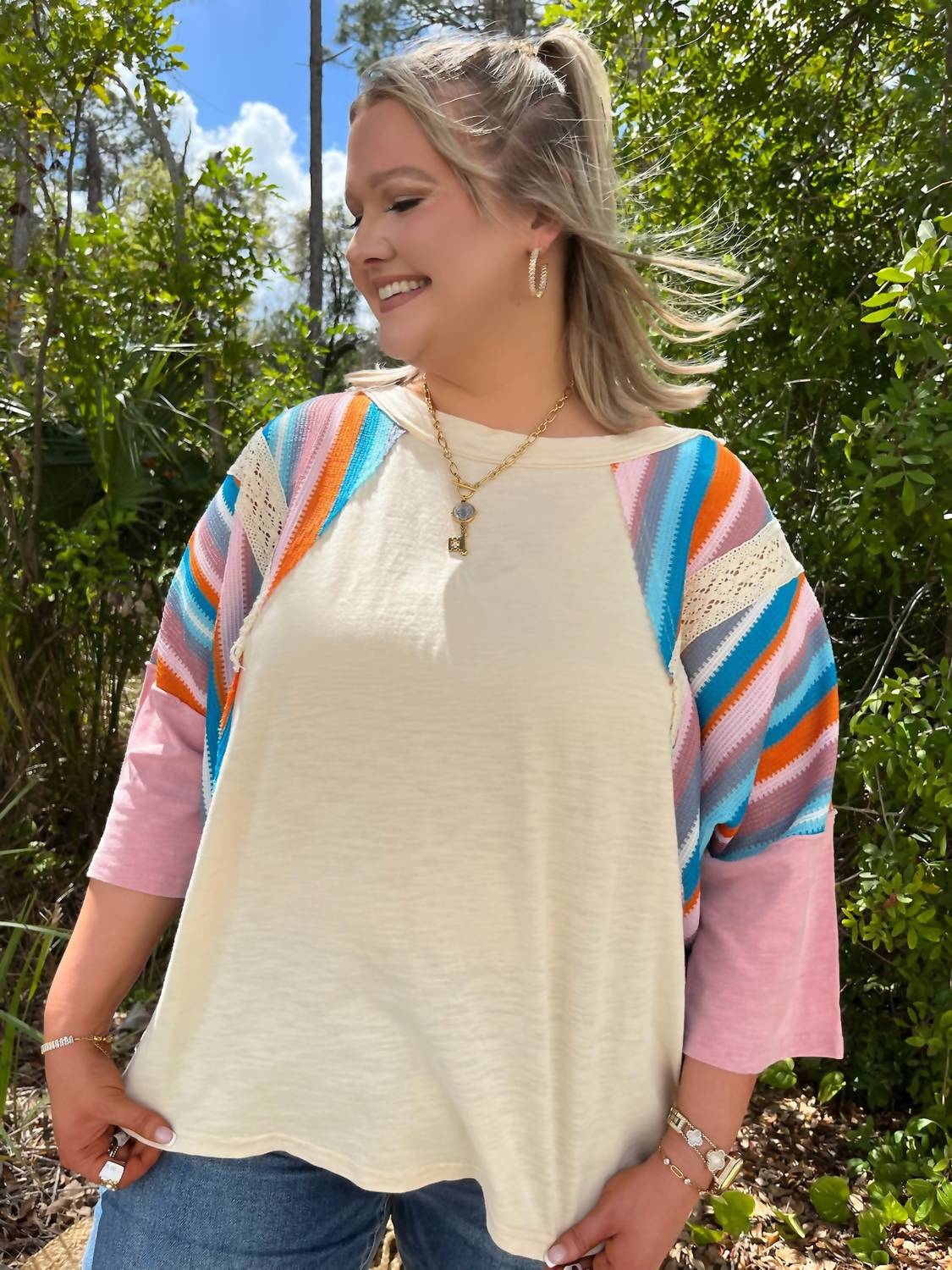 Easel - Mineral Wash Quarter Sleeves Multi Stripe Top