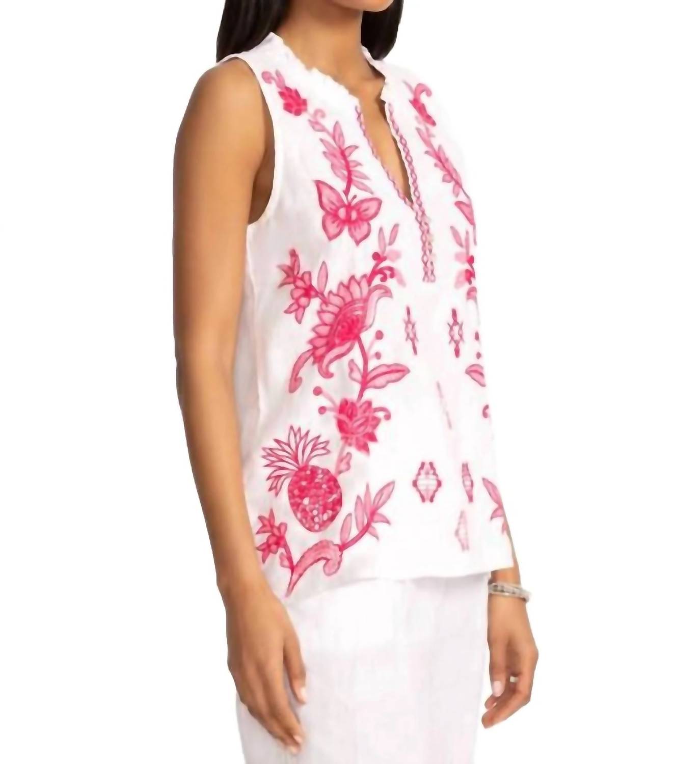 Johnny Was ORLA LINEN RUFFLE NECK TANK in white - women's tank top - detail view