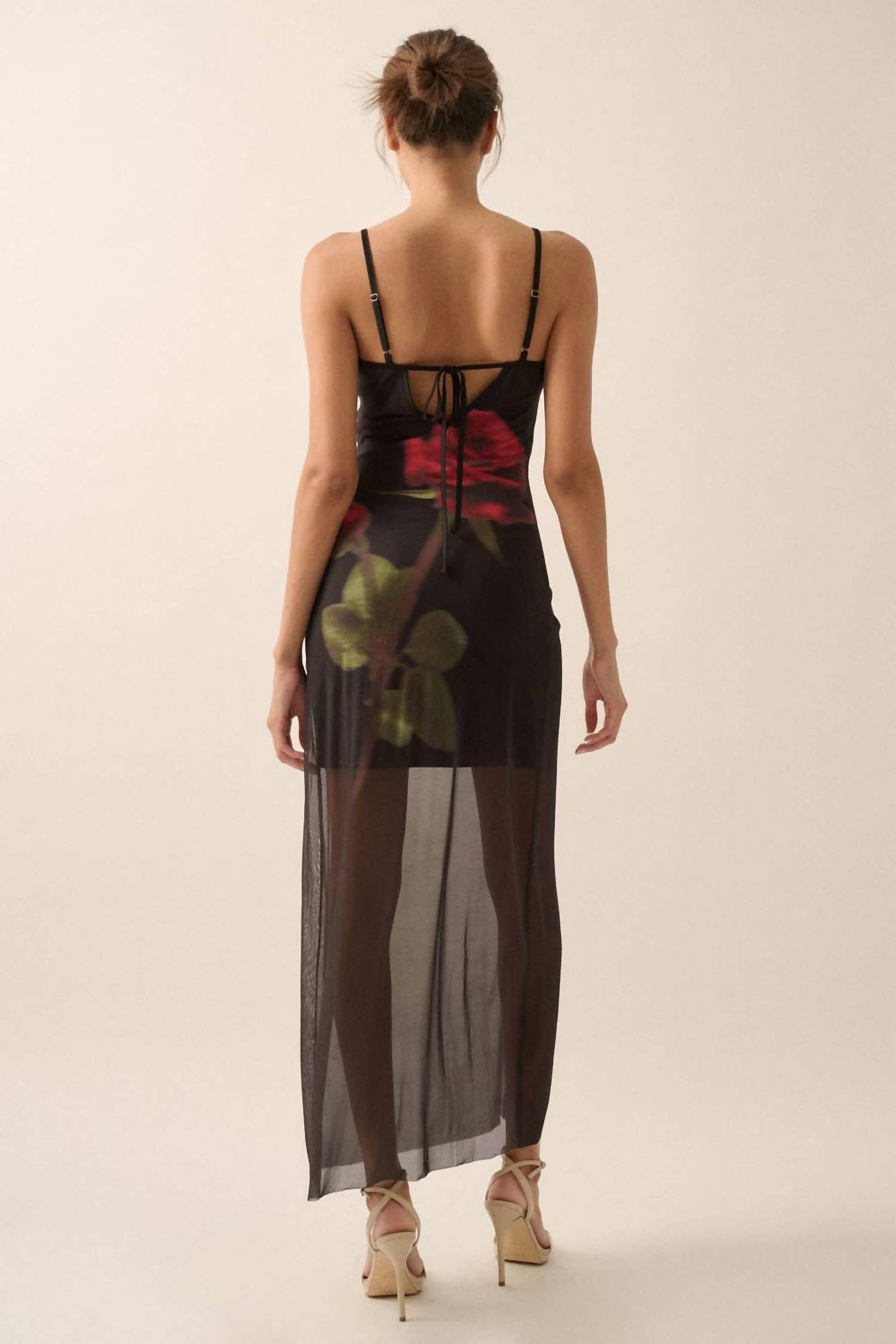 Promesa - Rose-print Layered Mesh Maxi Slip Dress