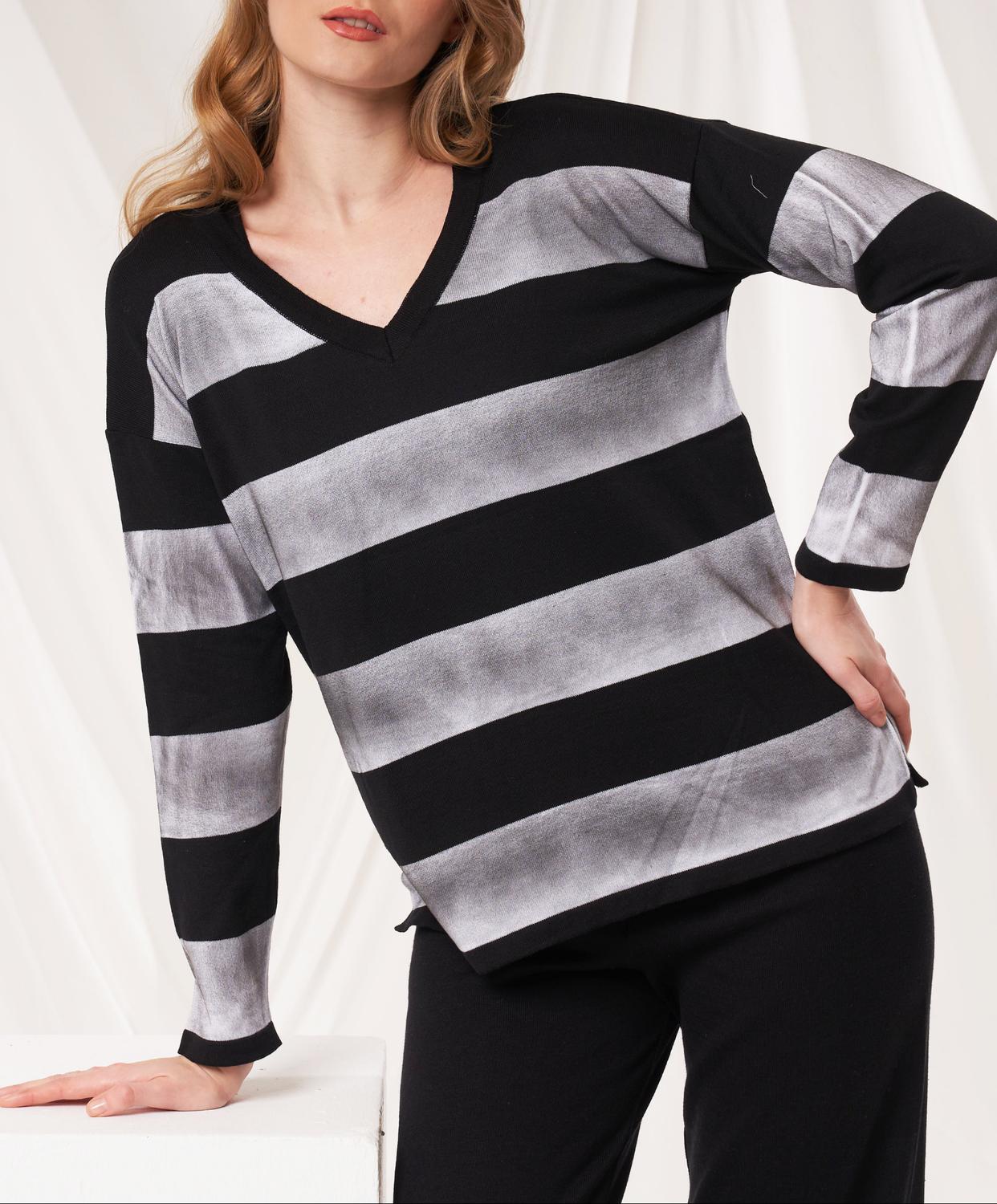 Angel Apparel Stripe V-neck Sweater in black - women's sweater - detail view